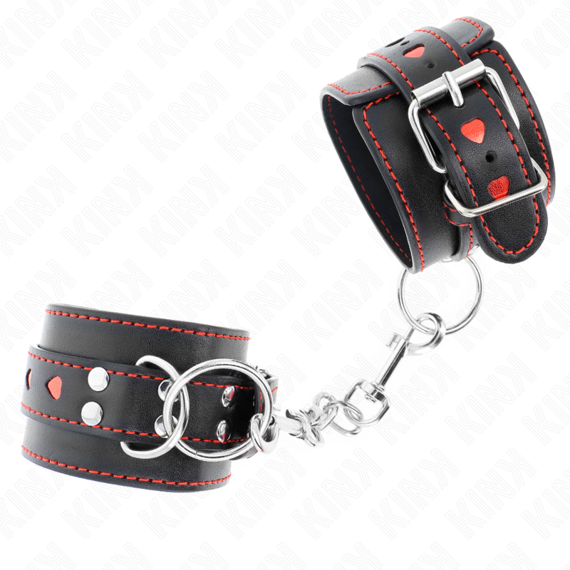 KINK - SCHWARZE HANDGELENKSFESSELN MIT ROTER HERZEINLAGE VERSTELLBAR 21-28 CM X 5.5 CM