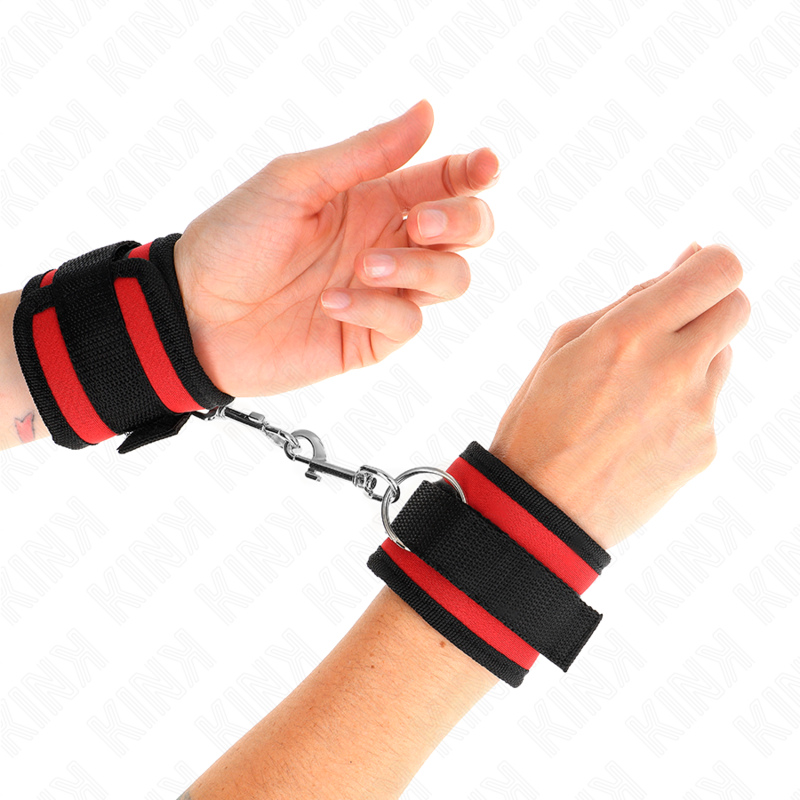 KINK - NYLON BIND Haken- und Schlaufen-Handfesseln ROT-SCHWARZ MODELL 2 VERSTELLBAR 18-35 CM X 6 CM
