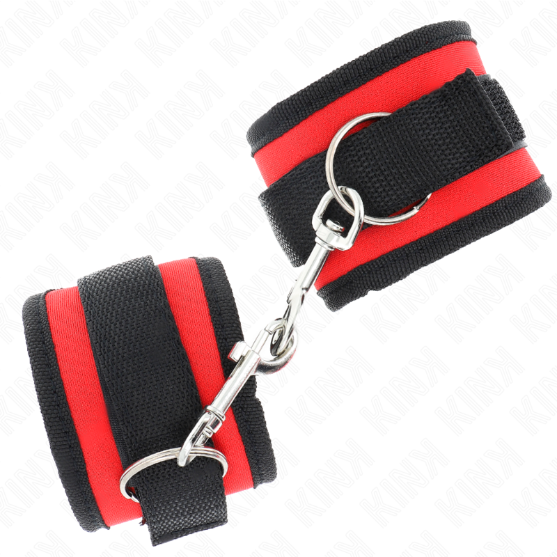 KINK - NYLON BIND Haken- und Schlaufen-Handfesseln ROT-SCHWARZ MODELL 2 VERSTELLBAR 18-35 CM X 6 CM