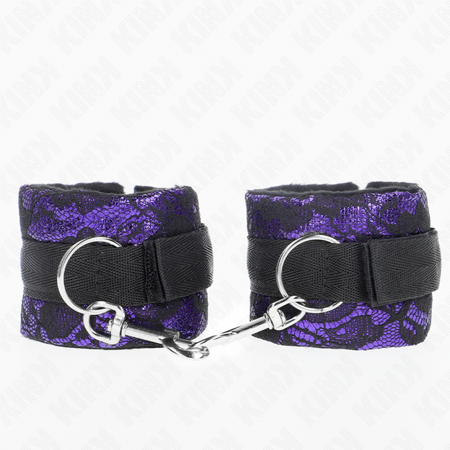 KINK – KURZE SAMT-SPITZEN-HANDGELENK-FESSELN UND NYLON-BINDER LILA / SCHWARZ 23 x 6,5 CM