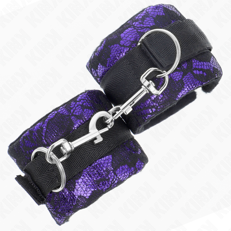 KINK – KURZE SAMT-SPITZEN-HANDGELENK-FESSELN UND NYLON-BINDER LILA / SCHWARZ 23 x 6,5 CM