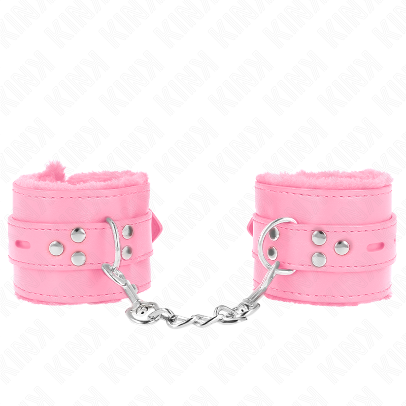 KINK - PELZGEFÜTTERTE HANDFESSELN MIT ECKIGEN LÖCHERN ROSA UND ROSAFARBENEM GÜRTEL VERSTELLBAR 17-29 CM X 6 CM