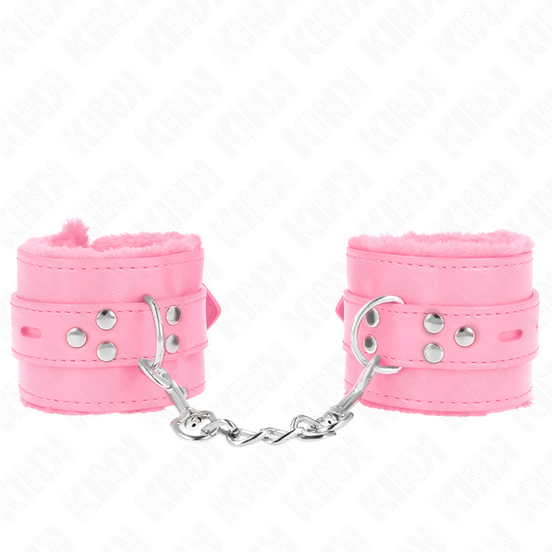 KINK - PELZGEFÜTTERTE HANDFESSELN MIT ECKIGEN LÖCHERN ROSA UND ROSAFARBENEM GÜRTEL VERSTELLBAR 17-29 CM X 6 CM