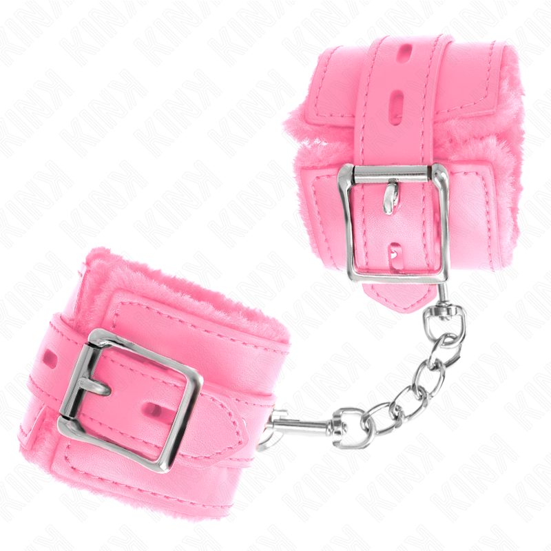 KINK - PELZGEFÜTTERTE HANDFESSELN MIT ECKIGEN LÖCHERN ROSA UND ROSAFARBENEM GÜRTEL VERSTELLBAR 17-29 CM X 6 CM