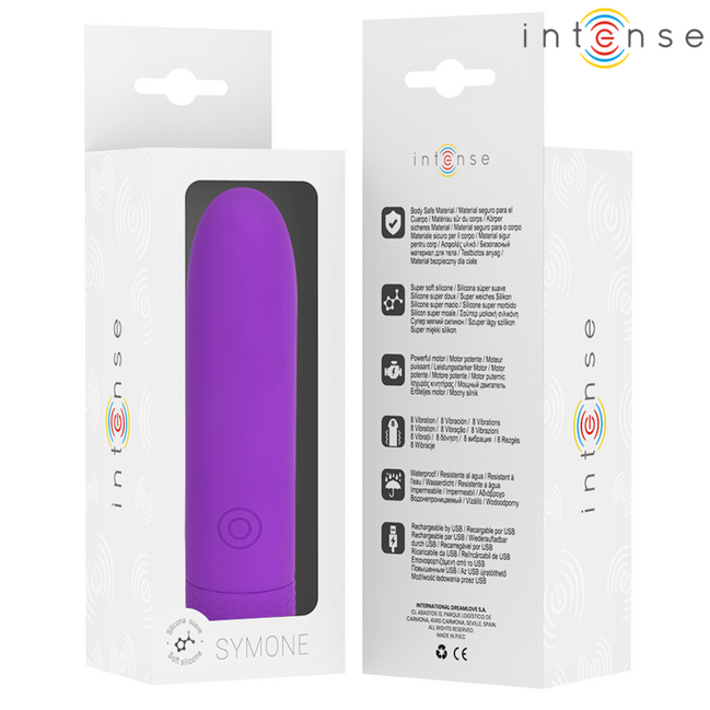 INTENSE - SYMONE USB WIEDERAUFLADBARES VIBRATIONSGESCHOSS 8 VIBRATIONEN LILA 10 X 2,2 CM
