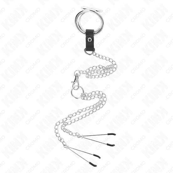 KINK - DREIFACH VERCHROMTER PENISRING 3 CM BIS 4,5 CM MIT 26 CM METALLKETTE UND NIPPELKLAMmern