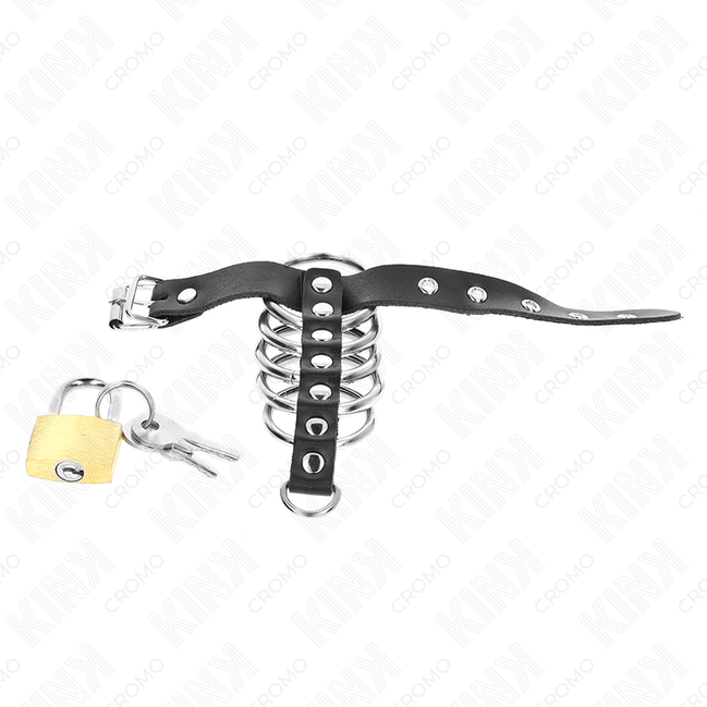 KINK – PENISRING AUS LEDER MIT VERSCHLUSSRIEMEN 21 X 2 CM UND 5 METALLRINGEN VON 3 CM BIS 4 CM