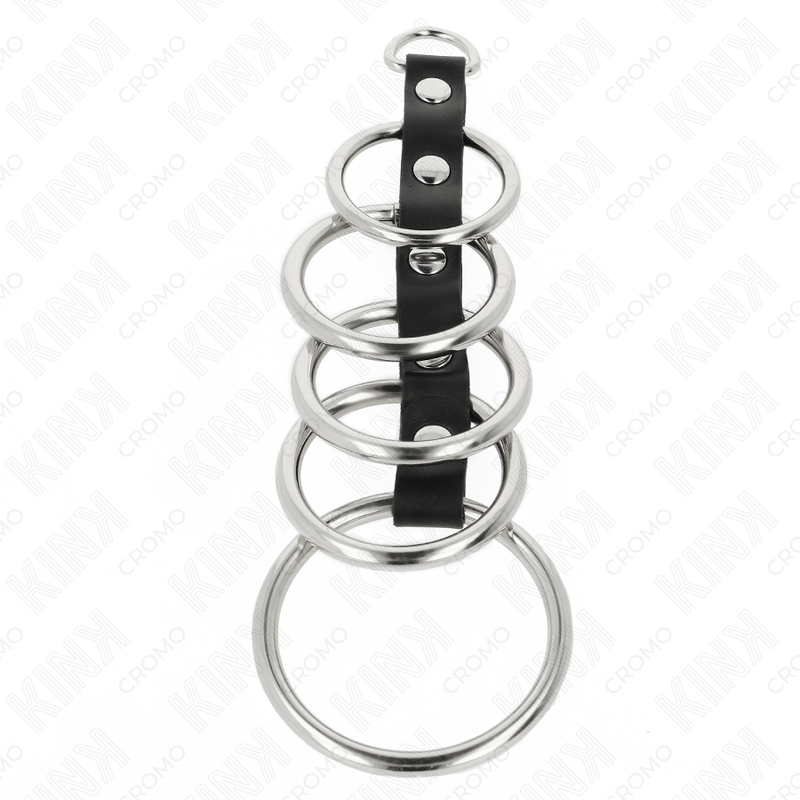 KINK - 5 METALL-PENISRINGE 3,2 CM BIS 5 CM MIT LEDER VERBUNDEN