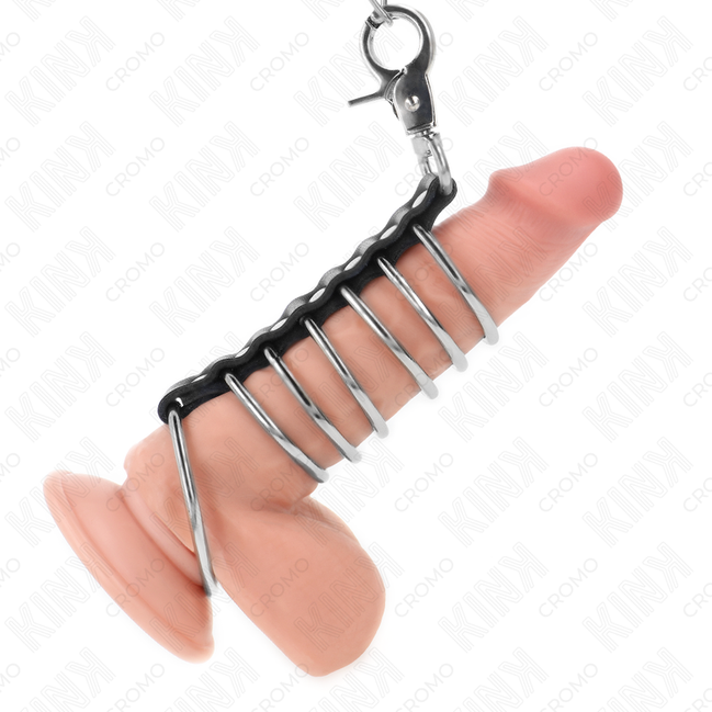 KINK - 7 METALL-PENISRINGE 3.8 CM BIS 5 CM VERBUNDEN MIT LEDER- UND METALLKETTE 100 CM