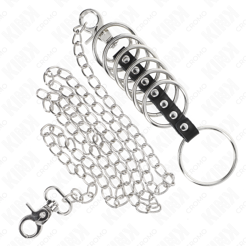 KINK - 7 METALL-PENISRINGE 3.8 CM BIS 5 CM VERBUNDEN MIT LEDER- UND METALLKETTE 100 CM