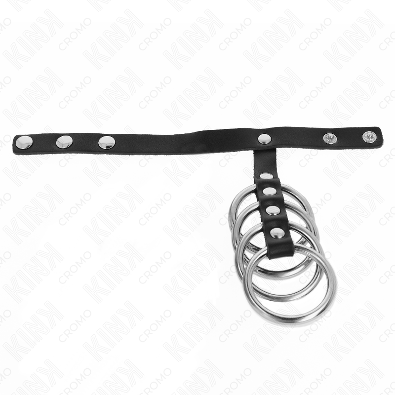 KINK - 4 METALL PENISRINGE 3,8 CM MIT LEDERBAND 22 X 1,5 CM UND DRUCKVERSCHLUSS VERBUNDEN