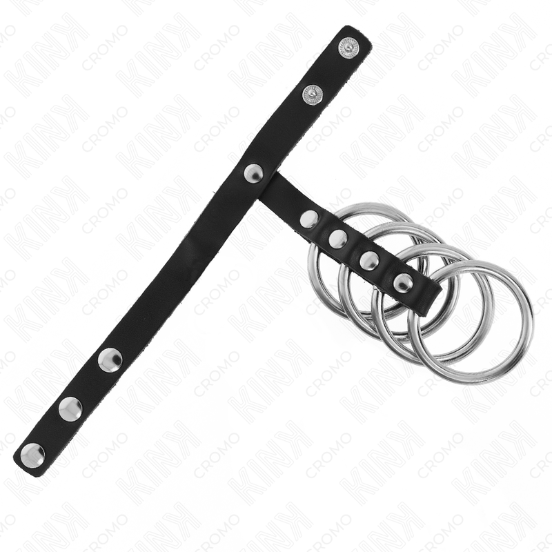KINK - 4 METALL PENISRINGE 3,8 CM MIT LEDERBAND 22 X 1,5 CM UND DRUCKVERSCHLUSS VERBUNDEN