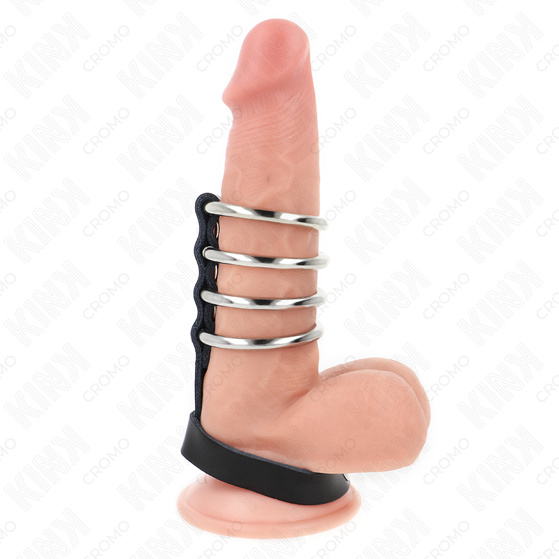 KINK - 4 METALL PENISRINGE 3,8 CM MIT LEDERBAND 22 X 1,5 CM UND DRUCKVERSCHLUSS VERBUNDEN