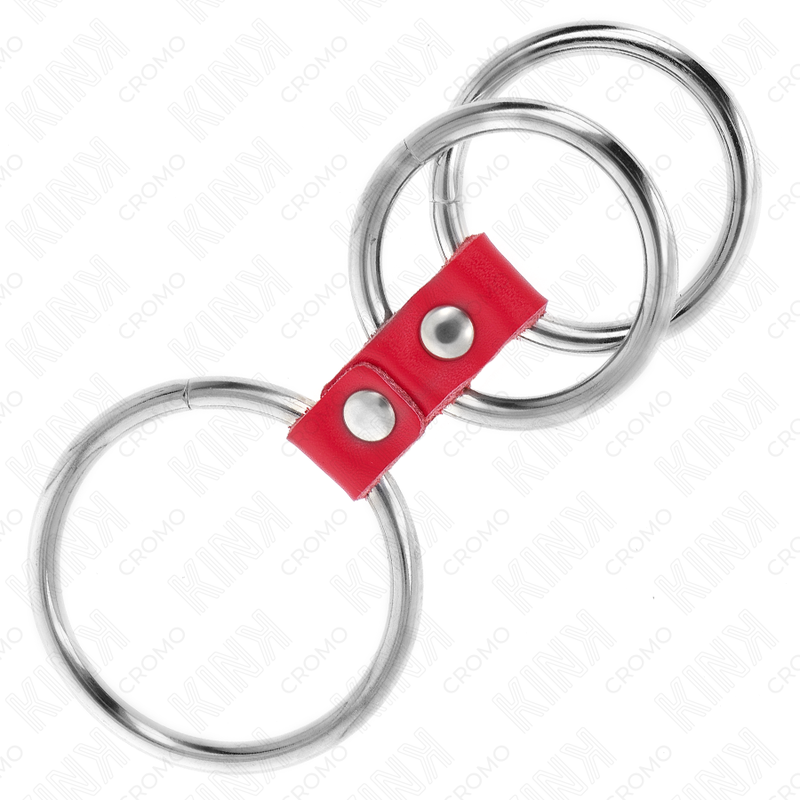 KINK – DREIFACHER METALL-PENISRING 3,7 CM BIS 5 CM MIT ROTEM LEDER VERBUNDEN