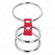KINK – DREIFACHER METALL-PENISRING 3,7 CM BIS 5 CM MIT ROTEM LEDER VERBUNDEN