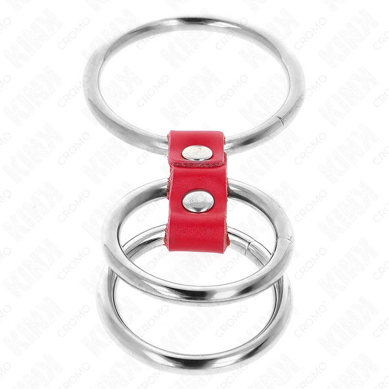 KINK – DREIFACHER METALL-PENISRING 3,7 CM BIS 5 CM MIT ROTEM LEDER VERBUNDEN