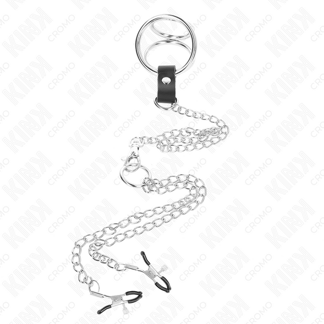 KINK - DREIFACH VERCHROMTER METALL-PENISRING 3,8 CM BIS 5 CM MIT 26 CM METALLKETTE UND NIPPELKLEMMEN MODELL 1