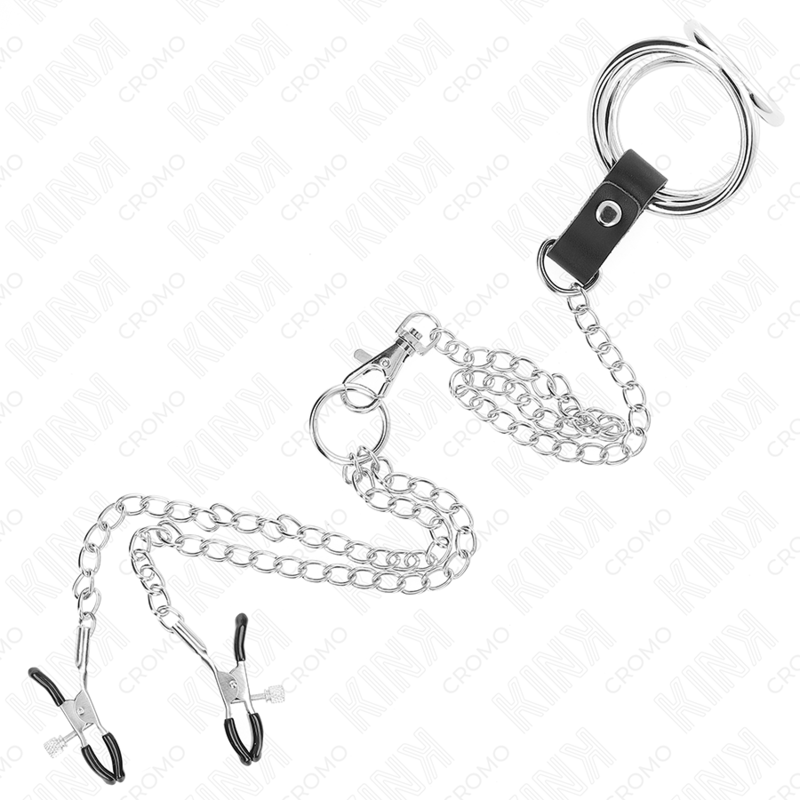 KINK - DREIFACH VERCHROMTER METALL-PENISRING 3,8 CM BIS 5 CM MIT 26 CM METALLKETTE UND NIPPELKLEMMEN MODELL 1
