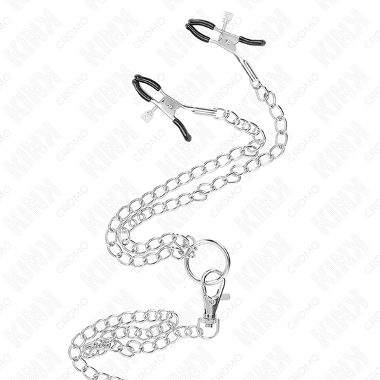 KINK - DREIFACH VERCHROMTER PENISRING 3 CM BIS 4,5 CM MIT 26 CM METALLKETTE UND NIPPELKLAMmern