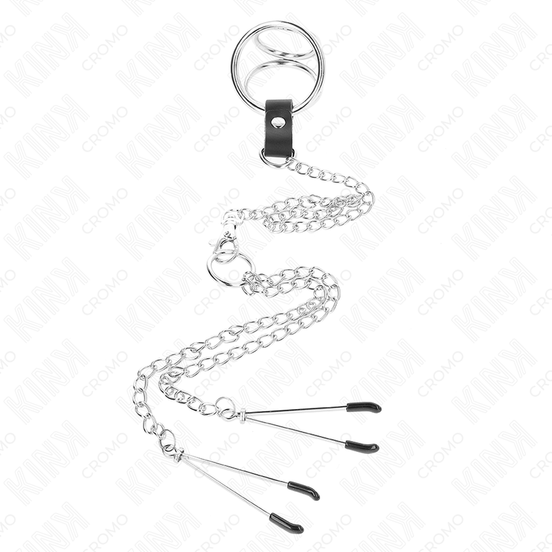 KINK - DREIFACH VERCHROMTER PENISRING 3.8 CM BIS 5 CM MIT 26 CM METALLKETTE UND NIPPELKLEMMEN MODELL 2