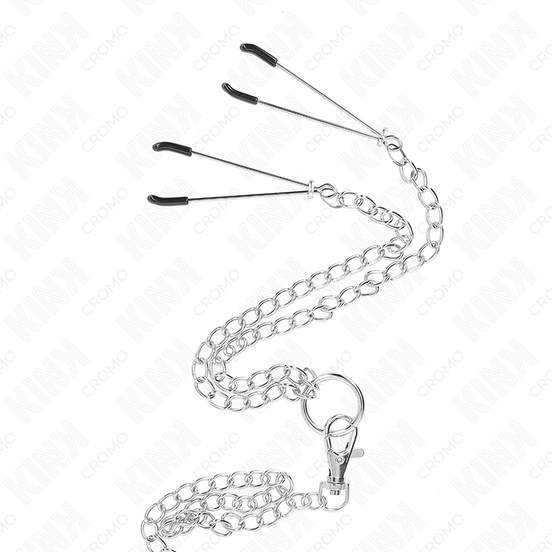 KINK - DREIFACH VERCHROMTER PENISRING 3.8 CM BIS 5 CM MIT 26 CM METALLKETTE UND NIPPELKLEMMEN MODELL 2