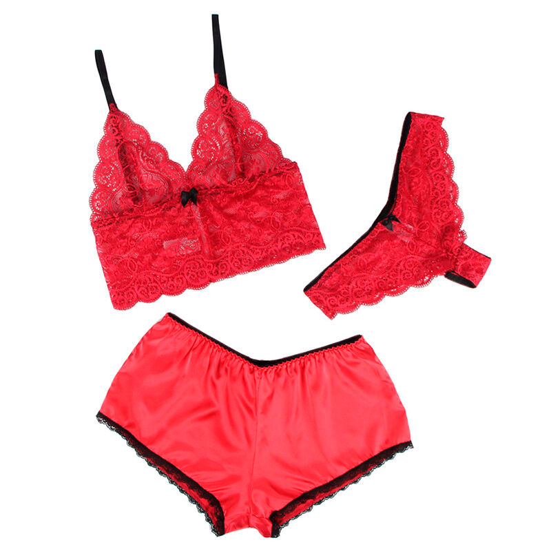 SUBBLIME - 953904 NACHTKLÄNNCHEN AUS SEIDE UND SPITZE + HÖSCHEN ROT L/XL
