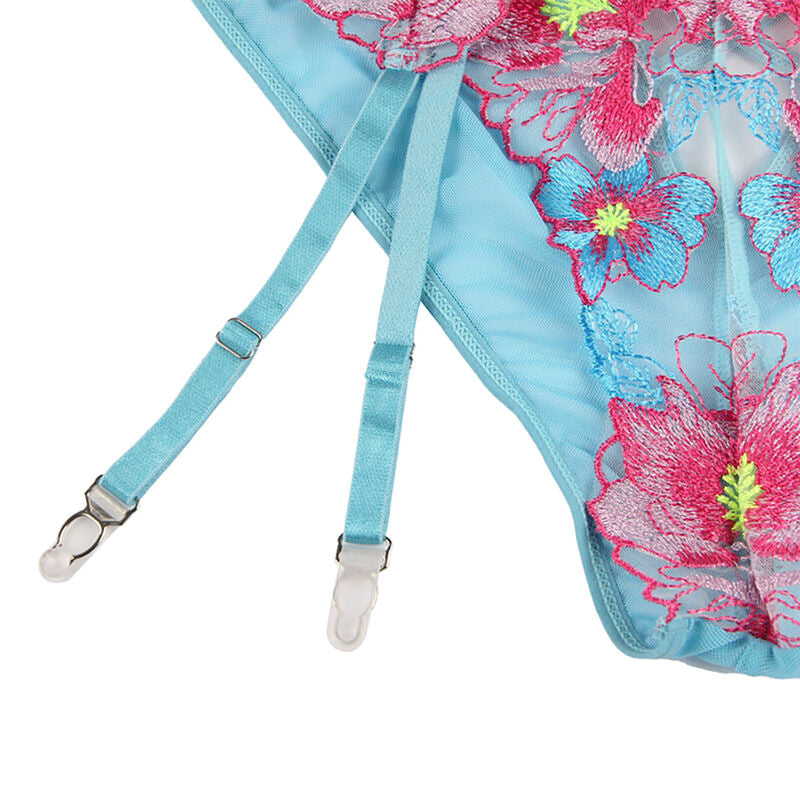 SUBBLIME - 954109 BH + SLIP MIT STRUMPFHALTER BLUMENDESIGN BLAU S/M