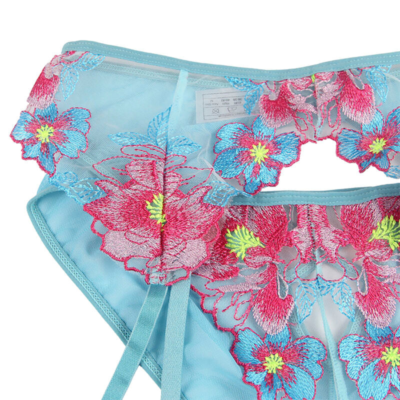 SUBBLIME - 954109 BH + SLIP MIT STRUMPFHALTER BLUMENDESIGN BLAU S/M