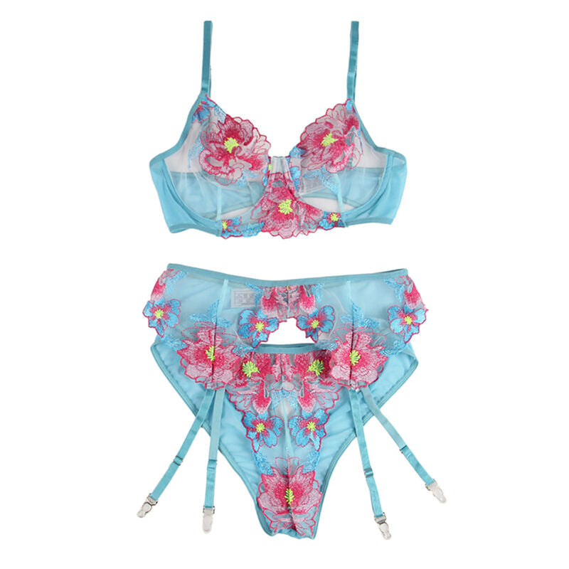 SUBBLIME - 954109 BH + SLIP MIT STRUMPFHALTER BLUMENDESIGN BLAU S/M