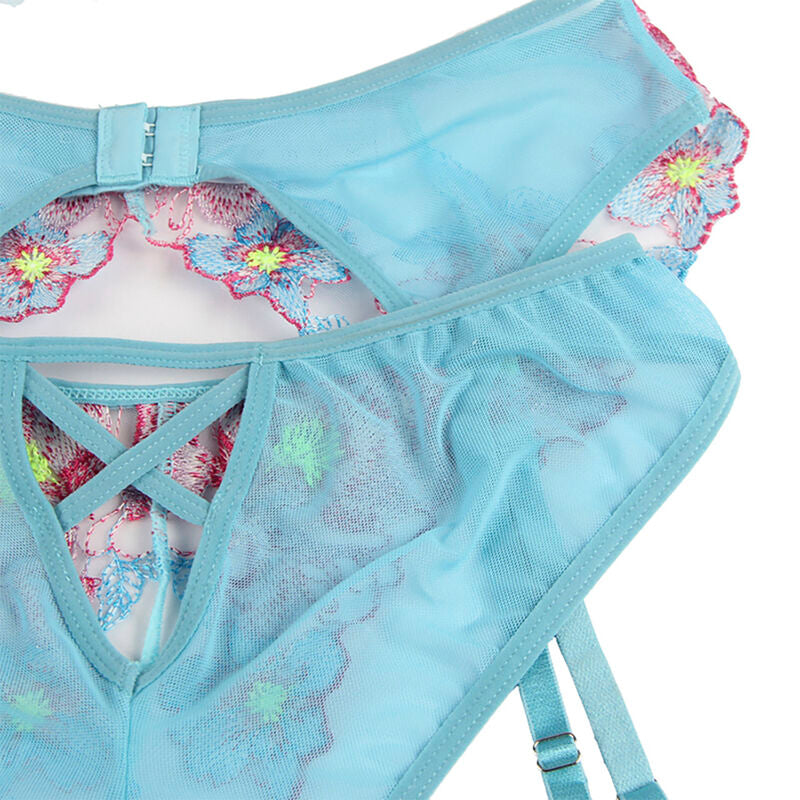 SUBBLIME - 954109 BH + SLIP MIT STRUMPFHALTER BLUMENDESIGN BLAU S/M