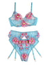 SUBBLIME - 954116 BRA + PANTIES WITH GARTER BELT FLORAL DESIGN BLUE L/XL