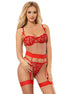 SUBBLIME - 954321 HEART PRINT BRA + THONG + GARTER BELT RED S/M