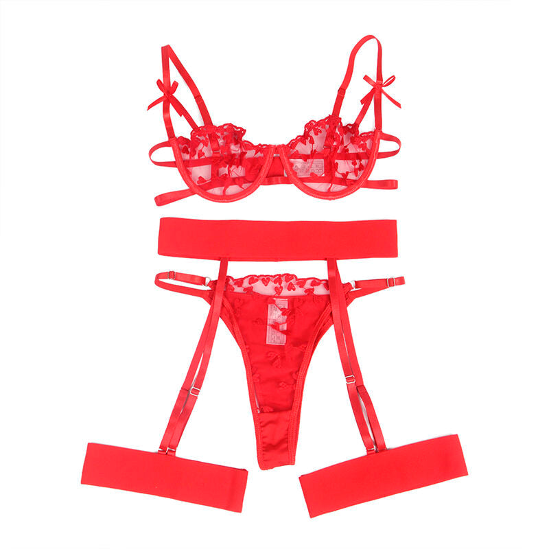 SUBBLIME - 954338 HERZ-PRINT BH + TANGA + STRUMPFHALTER ROT L/XL