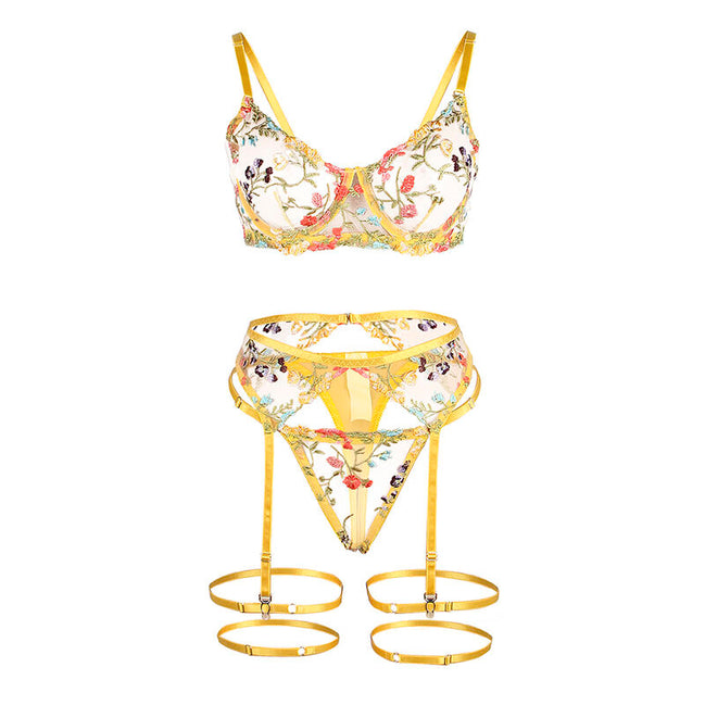 SUBBLIME - 954345 BH + TANGASLIP + STRUMPFHALTER BLUMENDESIGN GELB S/M