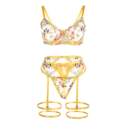 SUBBLIME - BRA + THONG + GARTER BELT FLORAL DESIGN YELLOW