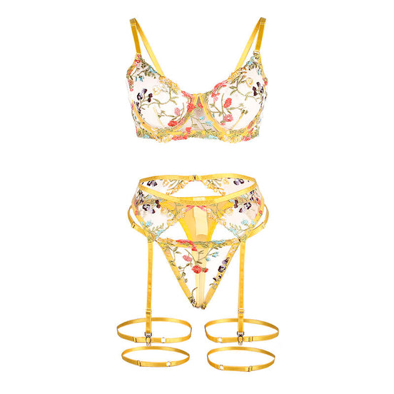 SUBBLIME - 954345 BH + TANGASLIP + STRUMPFHALTER BLUMENDESIGN GELB S/M