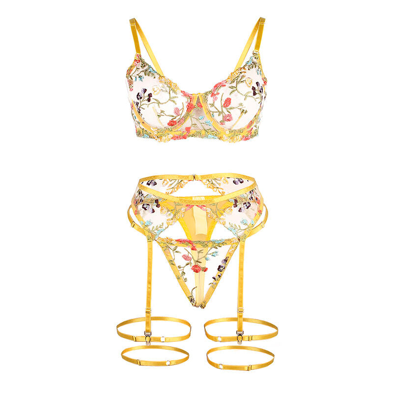 SUBBLIME - 954352 BH + TANGA + STRUMPFHALTER BLUMENMUSTER GELB L/XL