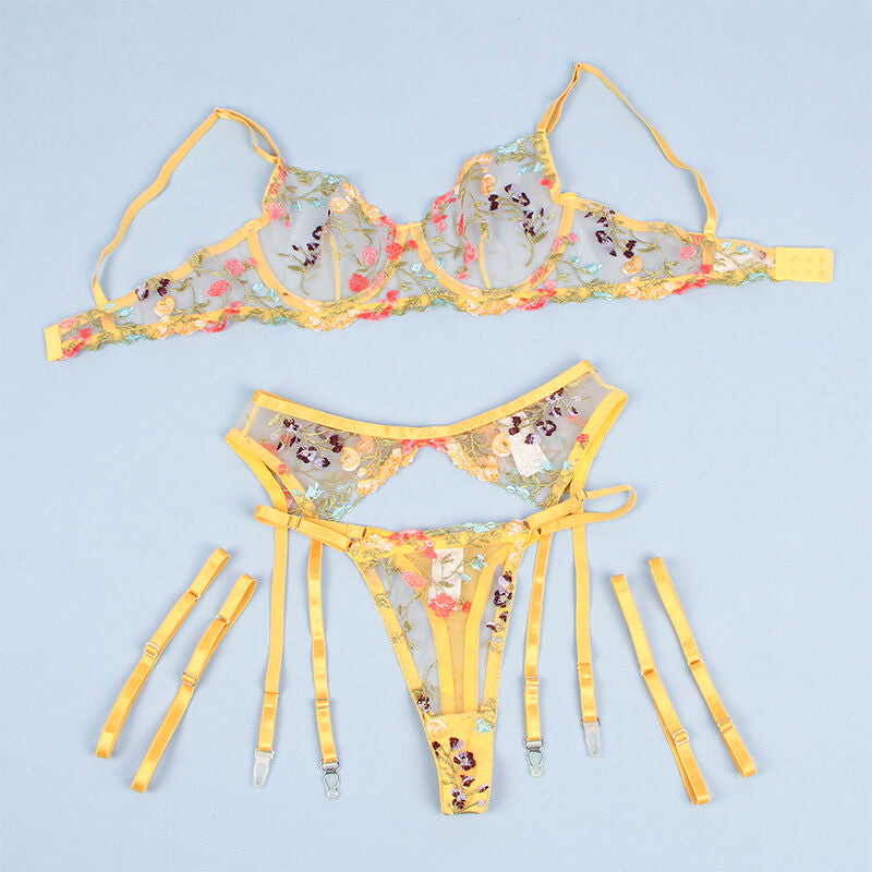 SUBBLIME - 954352 BH + TANGA + STRUMPFHALTER BLUMENMUSTER GELB L/XL
