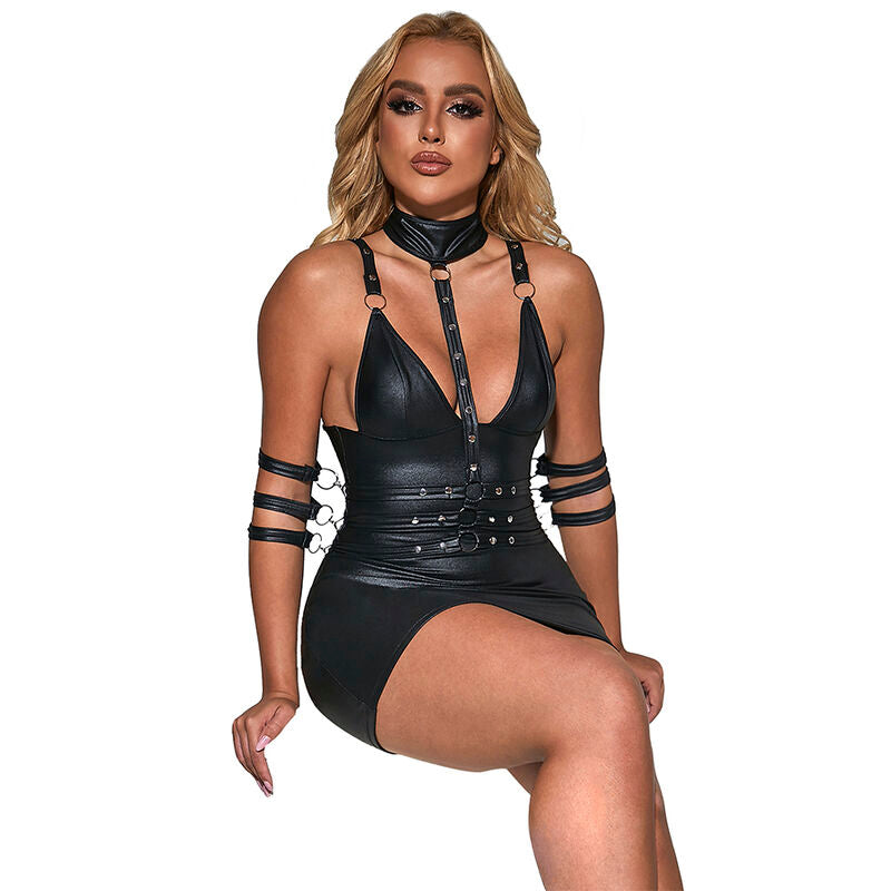 SUBBLIME - 954406 LEDER BONDAGE KLEID SCHWARZ S/M