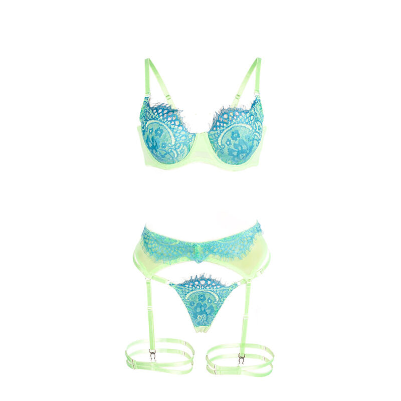 SUBBLIME - 955311 BH-SET MIT SPITZE UND STRUMPFBANDGRÜN UND BLAU S/M