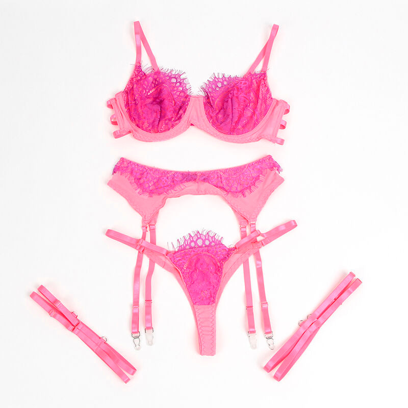 SUBBLIME - 955366 BH-SET MIT SPITZE UND STRUMPFBAND-LINIEN ROSA UND LILA L/XL