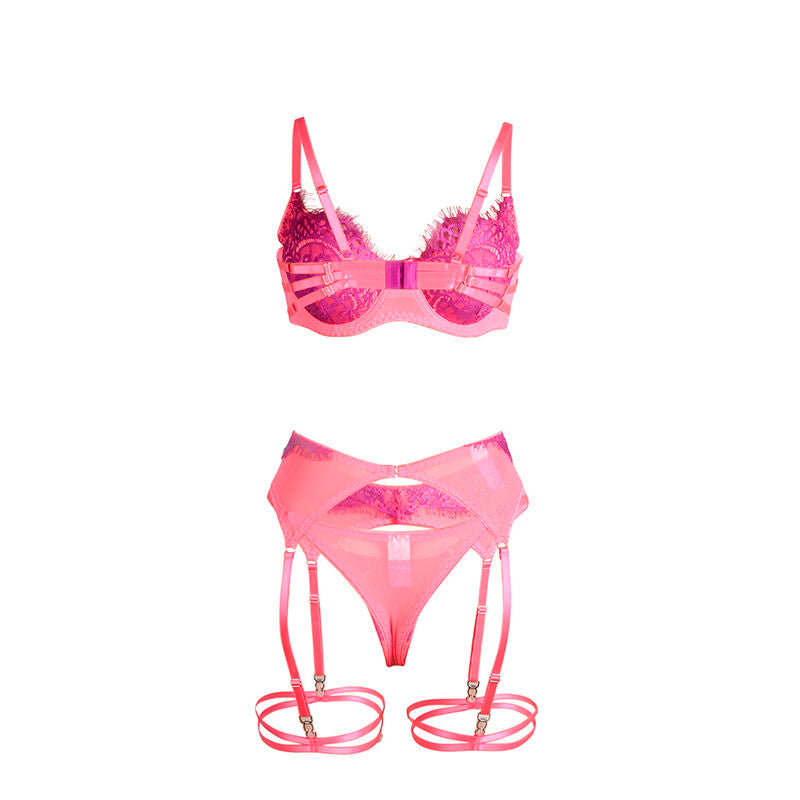 SUBBLIME - 955366 BH-SET MIT SPITZE UND STRUMPFBAND-LINIEN ROSA UND LILA L/XL