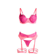SUBBLIME - 955366 BH-SET MIT SPITZE UND STRUMPFBAND-LINIEN ROSA UND LILA L/XL