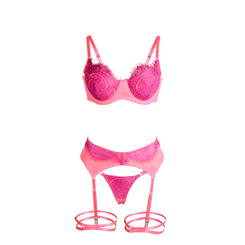 SUBBLIME - 955366 BH-SET MIT SPITZE UND STRUMPFBAND-LINIEN ROSA UND LILA L/XL