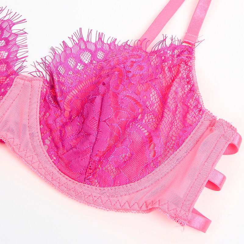 SUBBLIME - 955366 BH-SET MIT SPITZE UND STRUMPFBAND-LINIEN ROSA UND LILA L/XL