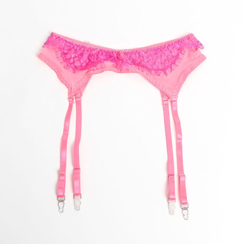 SUBBLIME - 955366 BH-SET MIT SPITZE UND STRUMPFBAND-LINIEN ROSA UND LILA L/XL