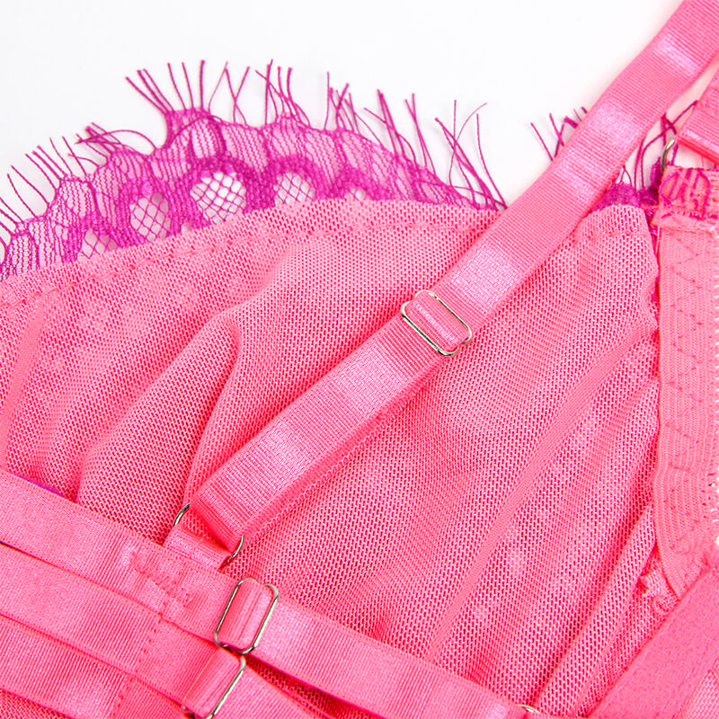 SUBBLIME - 955366 BH-SET MIT SPITZE UND STRUMPFBAND-LINIEN ROSA UND LILA L/XL