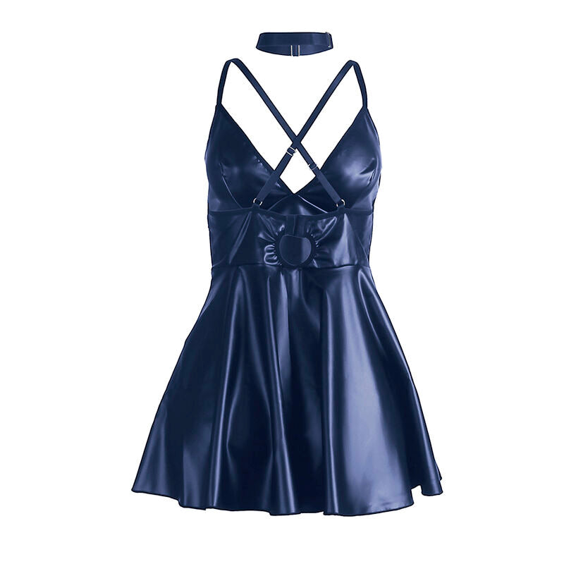 LEDER KLEID MIT BLAUEN TRÄGERN