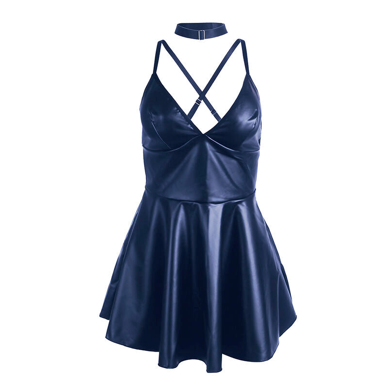 LEDER KLEID MIT BLAUEN TRÄGERN