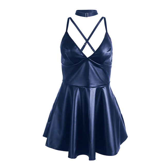 LEDER KLEID MIT BLAUEN TRÄGERN